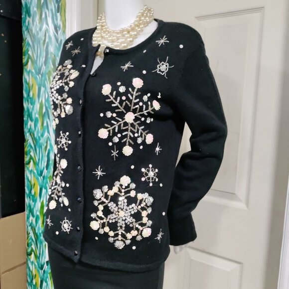 Tiara International Black Tight Knit Christmas Cardigan Small - Picture 3 of 12